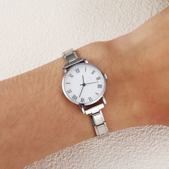 Picture of 1 Piece 304 Stainless Steel Stylish & Casual Italian Charm Links Modular Wrist Watch Silver Tone White Round 18.5cm(7 2/8") long