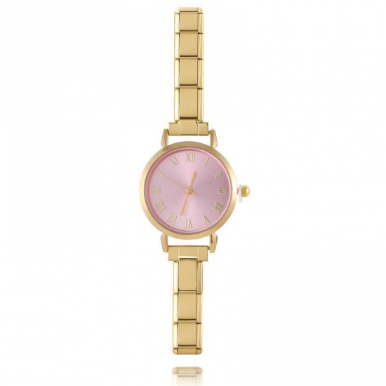 Picture of 1 Piece 304 Stainless Steel Stylish & Casual Italian Charm Links Modular Wrist Watch Gold Plated Pink Round 18.5cm(7 2/8") long