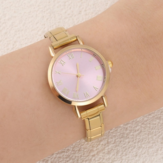 Picture of 1 Piece 304 Stainless Steel Stylish & Casual Italian Charm Links Modular Wrist Watch Gold Plated Pink Round 18.5cm(7 2/8") long