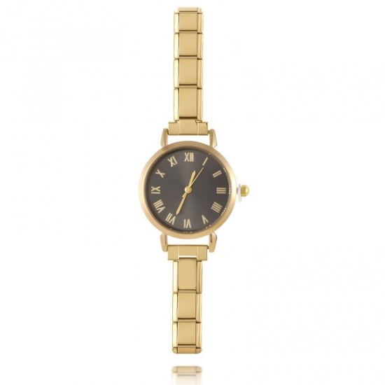 Immagine di 1 Pz 304 Acciaio Inossidabile Elegante & Casual Orologio da Polso Modulare con Collegamenti a Charm Italiano Oro Placcato Nero Tondo 18.5cm Lunghezza
