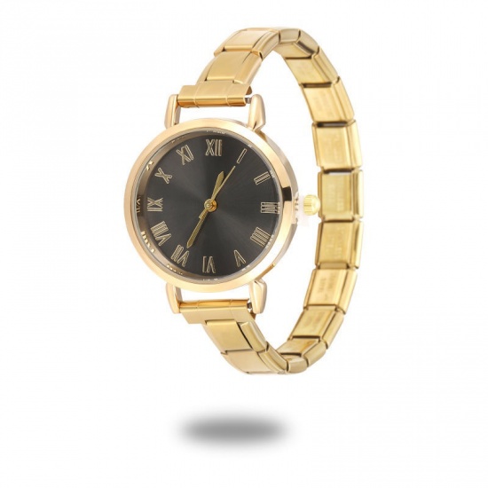 Immagine di 1 Pz 304 Acciaio Inossidabile Elegante & Casual Orologio da Polso Modulare con Collegamenti a Charm Italiano Oro Placcato Nero Tondo 18.5cm Lunghezza