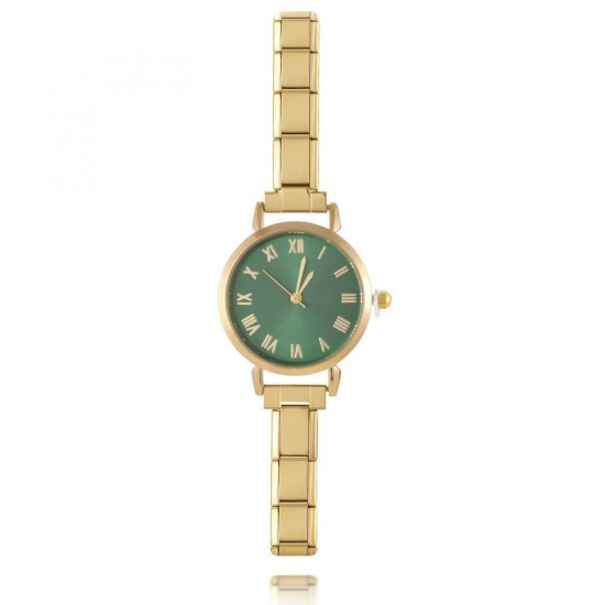 Picture of 1 Piece 304 Stainless Steel Stylish & Casual Italian Charm Links Modular Wrist Watch Gold Plated Green Round 18.5cm(7 2/8") long