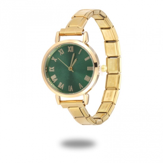 Picture of 1 Piece 304 Stainless Steel Stylish & Casual Italian Charm Links Modular Wrist Watch Gold Plated Green Round 18.5cm(7 2/8") long