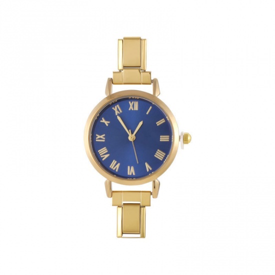 Picture of 1 Piece 304 Stainless Steel Stylish & Casual Italian Charm Links Watch Face For DIY Jewelry Making Gold Plated Blue Round 5.7cm x 3cm