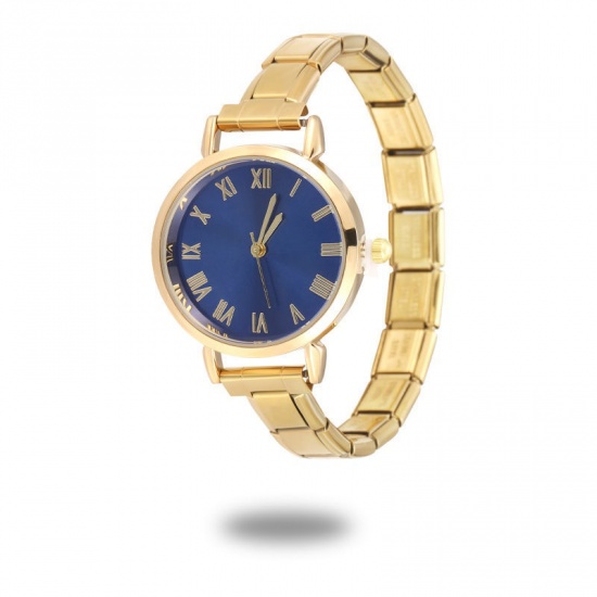 Picture of 1 Piece 304 Stainless Steel Stylish & Casual Italian Charm Links Modular Wrist Watch Gold Plated Blue Round 18.5cm(7 2/8") long