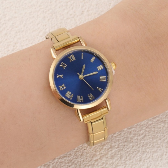 Picture of 1 Piece 304 Stainless Steel Stylish & Casual Italian Charm Links Modular Wrist Watch Gold Plated Blue Round 18.5cm(7 2/8") long