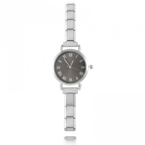 Bild von 1 Strang 304 Edelstahl Stilvoll & lässig Modulares Armbanduhr Silberfarbe Schwarz Rund 18.5cm lang