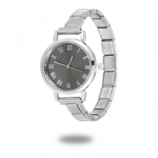 Bild von 1 Strang 304 Edelstahl Stilvoll & lässig Modulares Armbanduhr Silberfarbe Schwarz Rund 18.5cm lang