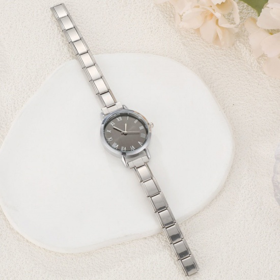 Bild von 1 Strang 304 Edelstahl Stilvoll & lässig Modulares Armbanduhr Silberfarbe Schwarz Rund 18.5cm lang