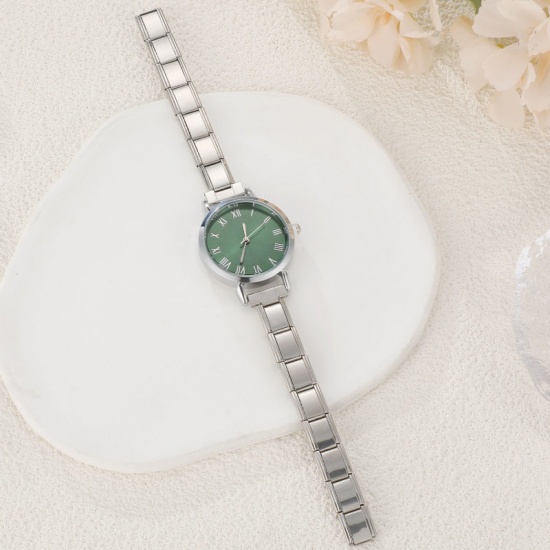 Picture of 1 Piece 304 Stainless Steel Stylish & Casual Italian Charm Links Modular Wrist Watch Silver Tone Green Round 18.5cm(7 2/8") long