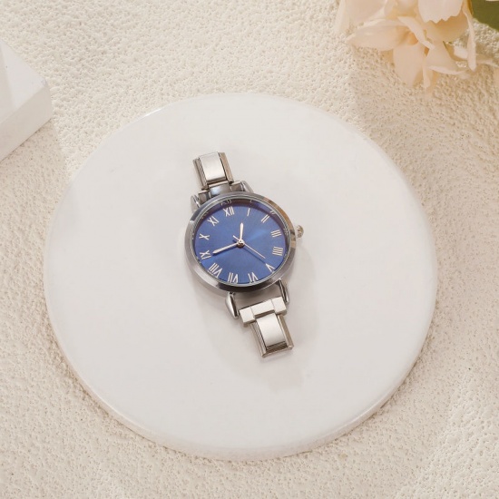 Bild von 1 Stück 304 Edelstahl Stilvoll & lässig hrwerk mit italienischen Charm-Links für die DIY-Schmuckherstellung Silberfarbe Blau Rund 5.7cm x 3cm