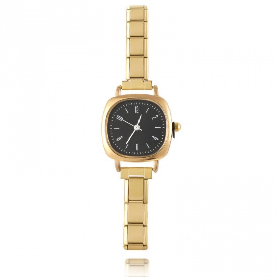 Picture of 1 Piece 304 Stainless Steel Stylish & Casual Italian Charm Links Modular Wrist Watch Gold Plated Black Square 18.5cm(7 2/8") long