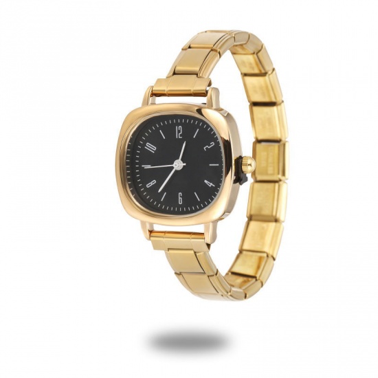 Picture of 1 Piece 304 Stainless Steel Stylish & Casual Italian Charm Links Modular Wrist Watch Gold Plated Black Square 18.5cm(7 2/8") long