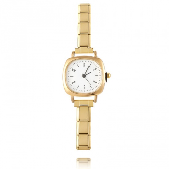 Picture of 1 Piece 304 Stainless Steel Stylish & Casual Italian Charm Links Modular Wrist Watch Gold Plated White Square 18.5cm(7 2/8") long
