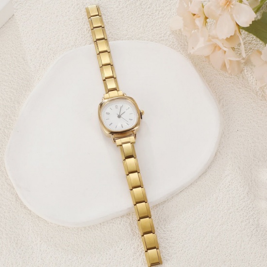 Picture of 1 Piece 304 Stainless Steel Stylish & Casual Italian Charm Links Modular Wrist Watch Gold Plated White Square 18.5cm(7 2/8") long