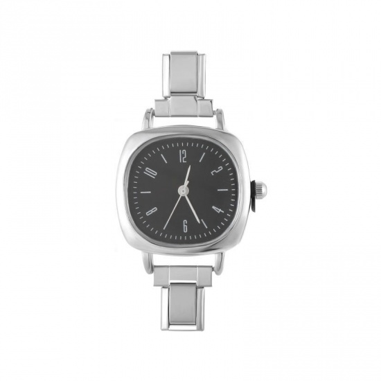Picture of 1 Piece 304 Stainless Steel Stylish & Casual Italian Charm Links Watch Face For DIY Jewelry Making Silver Tone Black Square 5.7cm x 2.5cm