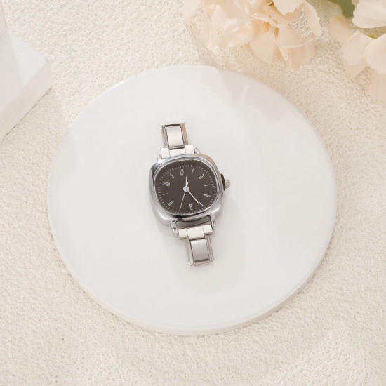 Picture of 1 Piece 304 Stainless Steel Stylish & Casual Italian Charm Links Watch Face For DIY Jewelry Making Silver Tone Black Square 5.7cm x 2.5cm