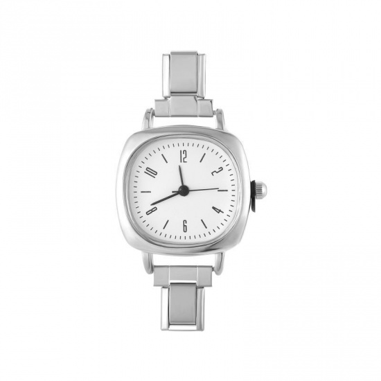 Picture of 1 Piece 304 Stainless Steel Stylish & Casual Italian Charm Links Watch Face For DIY Jewelry Making Silver Tone White Square 5.7cm x 2.5cm