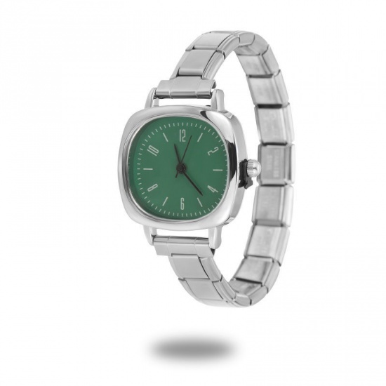 Immagine di 1 Pz 304 Acciaio Inossidabile Elegante & Casual Orologio da Polso Modulare con Collegamenti a Charm Italiano Tono Argento Verde Quadrato 18.5cm Lunghezza
