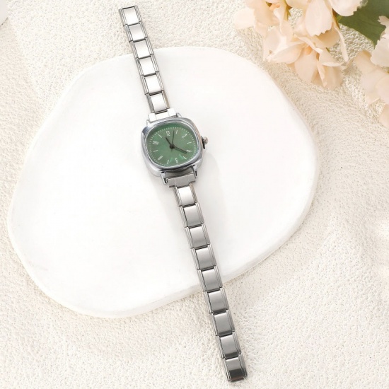 Immagine di 1 Pz 304 Acciaio Inossidabile Elegante & Casual Orologio da Polso Modulare con Collegamenti a Charm Italiano Tono Argento Verde Quadrato 18.5cm Lunghezza