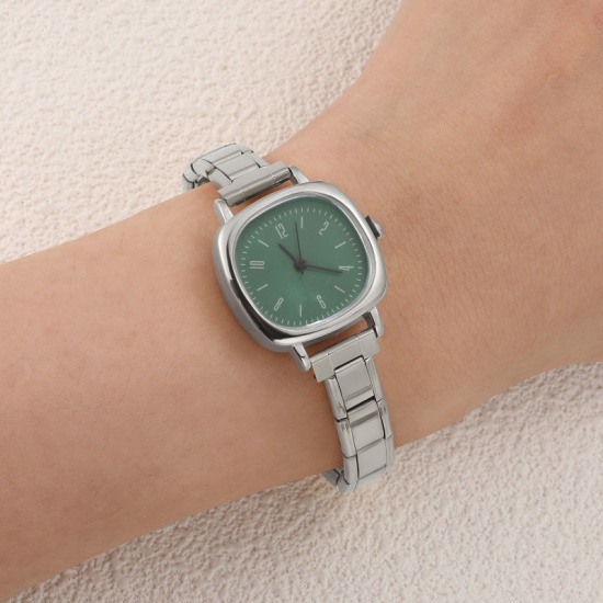 Immagine di 1 Pz 304 Acciaio Inossidabile Elegante & Casual Orologio da Polso Modulare con Collegamenti a Charm Italiano Tono Argento Verde Quadrato 18.5cm Lunghezza
