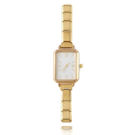 Picture of Wholesale Octagon White 304 Stainless Steel Italian Charm Links Modular Wrist Watch, Gold Plated Unisex Stylish Retro Gift Jewelry Supply, 18.5cm(7 2/8") long, 1 Piece
