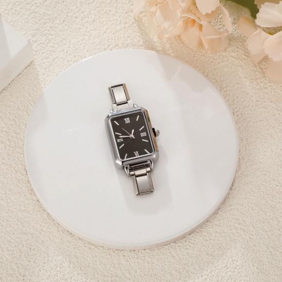 Picture of 1 Piece 304 Stainless Steel Stylish & Casual Italian Charm Links Watch Face For DIY Jewelry Making Silver Tone Black Octagon 5.7cm x 2.5cm