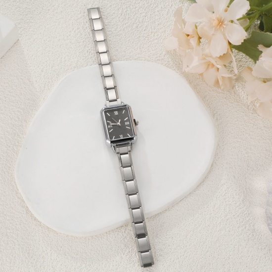 Picture of 1 Piece 304 Stainless Steel Stylish & Casual Italian Charm Links Modular Wrist Watch Silver Tone Black Octagon 18.5cm(7 2/8") long