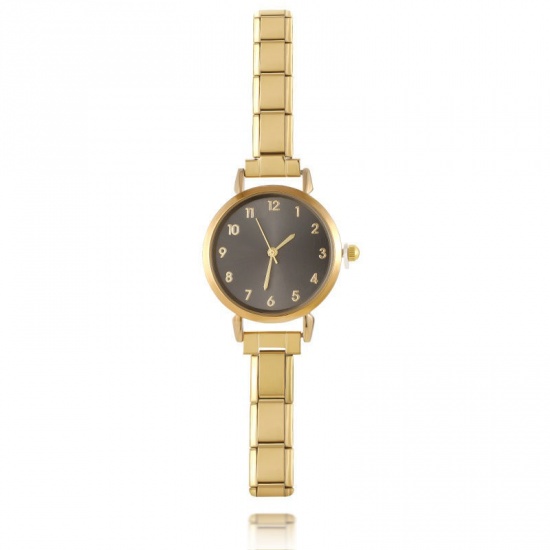 Bild von 1 Strang 304 Edelstahl Stilvoll & lässig Modulares Armbanduhr Vergoldet Schwarz Rund 18.5cm lang