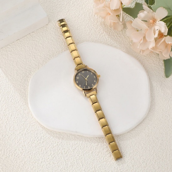 Bild von 1 Strang 304 Edelstahl Stilvoll & lässig Modulares Armbanduhr Vergoldet Schwarz Rund 18.5cm lang