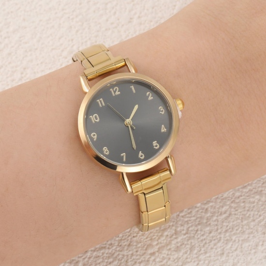 Bild von 1 Strang 304 Edelstahl Stilvoll & lässig Modulares Armbanduhr Vergoldet Schwarz Rund 18.5cm lang