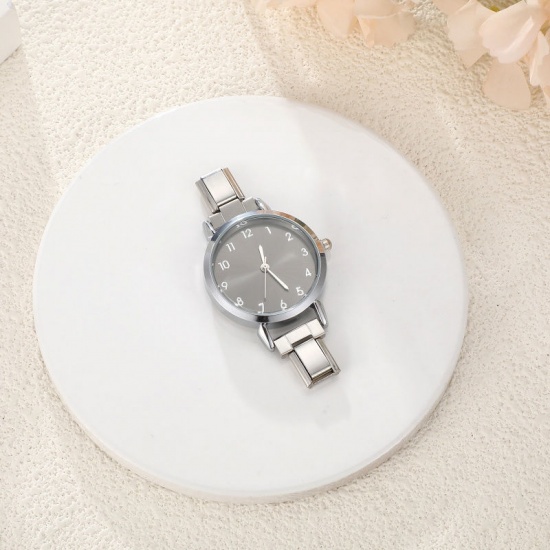 Picture of 1 Piece 304 Stainless Steel Stylish & Casual Italian Charm Links Watch Face For DIY Jewelry Making Silver Tone Black Round 5.7cm x 3cm