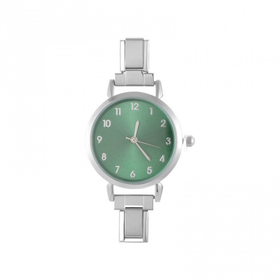 Picture of 1 Piece 304 Stainless Steel Stylish & Casual Italian Charm Links Watch Face For DIY Jewelry Making Silver Tone Green Round 5.7cm x 3cm