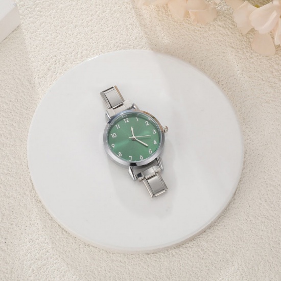 Picture of 1 Piece 304 Stainless Steel Stylish & Casual Italian Charm Links Watch Face For DIY Jewelry Making Silver Tone Green Round 5.7cm x 3cm