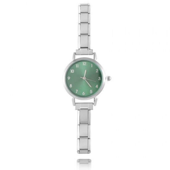 Picture of 1 Piece 304 Stainless Steel Stylish & Casual Italian Charm Links Modular Wrist Watch Silver Tone Green Round 18.5cm(7 2/8") long
