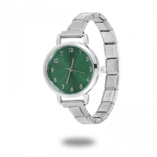 Picture of 1 Piece 304 Stainless Steel Stylish & Casual Italian Charm Links Modular Wrist Watch Silver Tone Green Round 18.5cm(7 2/8") long