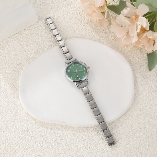 Picture of 1 Piece 304 Stainless Steel Stylish & Casual Italian Charm Links Modular Wrist Watch Silver Tone Green Round 18.5cm(7 2/8") long