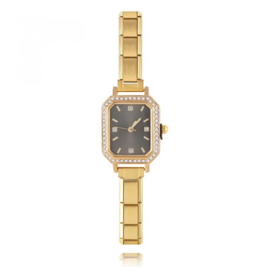 Picture of 1 Piece 304 Stainless Steel Stylish & Casual Italian Charm Links Modular Wrist Watch Gold Plated Black Octagon Clear Rhinestone 18.5cm(7 2/8") long