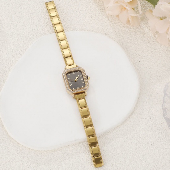 Picture of 1 Piece 304 Stainless Steel Stylish & Casual Italian Charm Links Modular Wrist Watch Gold Plated Black Octagon Clear Rhinestone 18.5cm(7 2/8") long