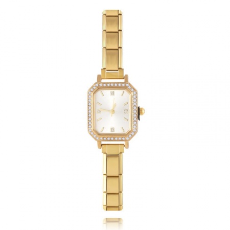 Picture of Wholesale Octagon White Clear Rhinestone 304 Stainless Steel Italian Charm Links Modular Wrist Watch, Gold Plated Unisex Stylish Retro Gift Jewelry Supply, 18.5cm(7 2/8") long, 1 Piece