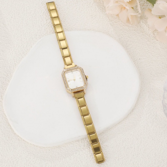 Image de 1 Pièce Montre-bracelet Modulaire à Maillons de Pendentifs Italiens Élégant & Décontracté en 304 Acier Inoxydable Doré Blanc Octogone à Strass Transparent 18.5cm long