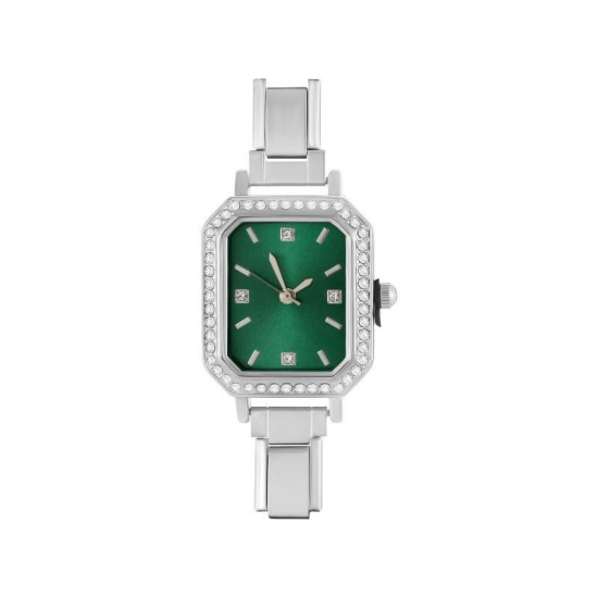 Immagine di 1 Pz 304 Acciaio Inossidabile Elegante & Casual Faccia dell'orologio con Collegamenti a Charm Italiano per la Creazione fai da te di Gioielli Tono Argento Verde Ottagono Trasparente Strass 5.7cm x 2.5cm