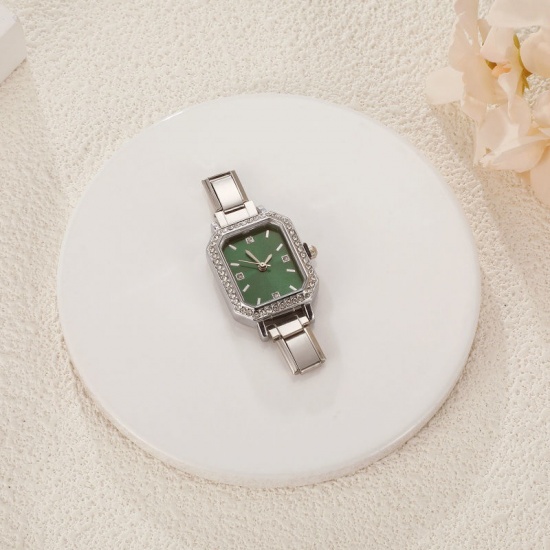 Immagine di 1 Pz 304 Acciaio Inossidabile Elegante & Casual Faccia dell'orologio con Collegamenti a Charm Italiano per la Creazione fai da te di Gioielli Tono Argento Verde Ottagono Trasparente Strass 5.7cm x 2.5cm