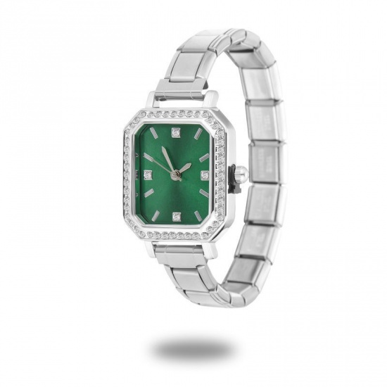 Picture of 1 Piece 304 Stainless Steel Stylish & Casual Italian Charm Links Modular Wrist Watch Silver Tone Green Octagon Clear Rhinestone 18.5cm(7 2/8") long