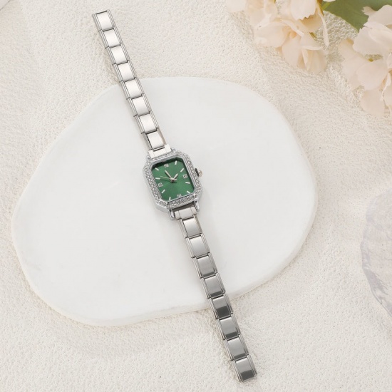 Picture of 1 Piece 304 Stainless Steel Stylish & Casual Italian Charm Links Modular Wrist Watch Silver Tone Green Octagon Clear Rhinestone 18.5cm(7 2/8") long