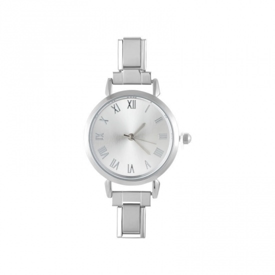 Picture of 1 Piece 304 Stainless Steel Stylish & Casual Italian Charm Links Watch Face For DIY Jewelry Making Silver Tone White Round 5.7cm x 3cm