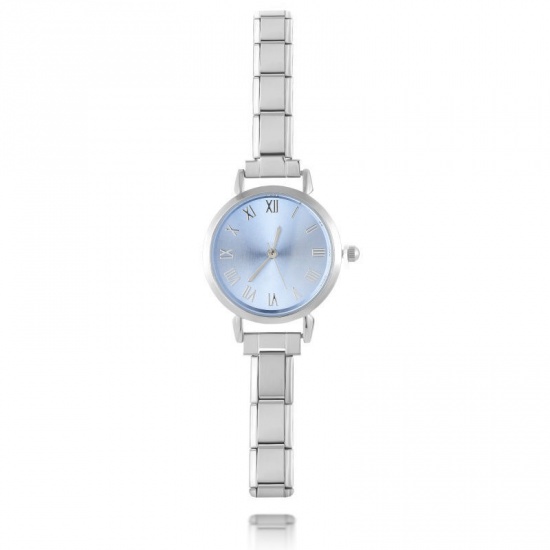 Bild von 1 Strang 304 Edelstahl Stilvoll & lässig Modulares Armbanduhr Silberfarbe Azurblau Rund 18.5cm lang