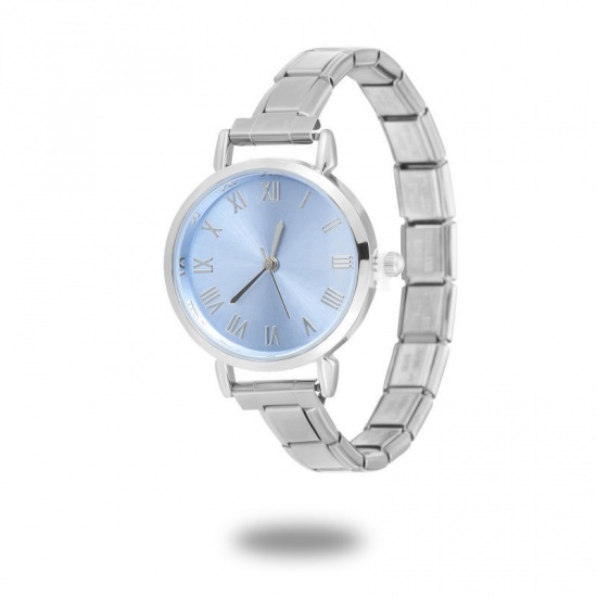 Bild von 1 Strang 304 Edelstahl Stilvoll & lässig Modulares Armbanduhr Silberfarbe Azurblau Rund 18.5cm lang