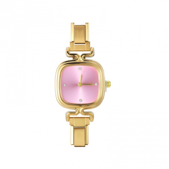 Picture of 1 Piece 304 Stainless Steel Stylish & Casual Italian Charm Links Watch Face For DIY Jewelry Making Gold Plated Pink Square 5.7cm x 2.5cm