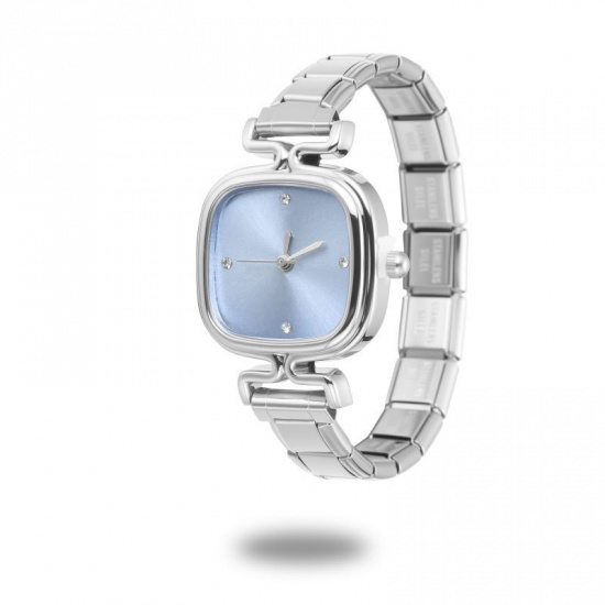 Bild von 1 Strang 304 Edelstahl Stilvoll & lässig Modulares Armbanduhr Silberfarbe Azurblau Quadrat 18.5cm lang